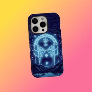 May include: A dark blue phone case with a glowing blue illustration of an arched doorway, a crown, and a starry night sky. The case has a glossy finish and is designed to fit a smartphone.