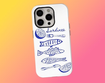Coque pour iPhone rétro en boîte de sardines, coque amusante unique, coque de portable sardines, coque bleue avec poisson dessiné à la main, iPhone 17 16 15 14 13 12 11, Samsung