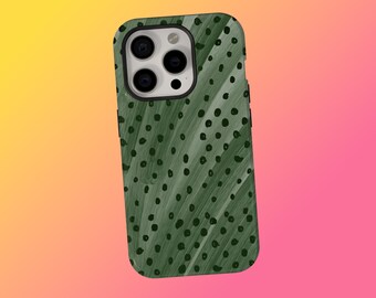 Green Leaf Polka Dot Handy Hülle, Cover mit Tropischem Muster, Nature Aesthetic Art Design, iPhone 17 16 15 14 13 12 11, Samsung S25 S24