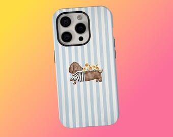 Dachshund Phone Case, Stripes Cute Dog Cover, Floral Puppy Aesthetic Blue Stripe Cover, iPhone 17 16 15 14 13 12 11 Pro Max, Samsung S25 S24