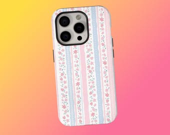 Pink Floral Case, Pastel Floral Stripe Phone Case, Soft Pink Blue Vintage Design, iPhone 17 16 15 14 13 12 11 Pro Max, Samsung S25 S24 Ultra