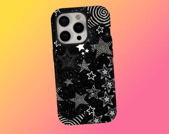 Funda para teléfono con diseño de estrella grunge negra, diseño psicodélico oscuro, estrellas en espiral, funda con collage Y2K para iPhone 17, 16, 15, 14, 13, 12 y 11, Samsung S25
