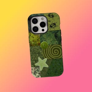 May include: A green and black phone case with a patchwork design. The case features a variety of green patterns, including stars, swirls, and insect illustrations. A green button and a star-shaped embellishment add detail to the design.