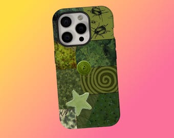 Funda para iPhone 18 17 16 15 14 13 Pro Max, Samsung S26 S25, diseño grunge de patchwork verde con escarabajo estrella, funda protectora con estética de collage vintage.