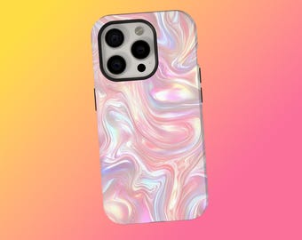Holographic Swirl Phone Case, Iridescent Marble Aesthetic, Shiny Pastel Protective Cover for iPhone 17 16 15 14 13 12 11, Samsung S25 S24