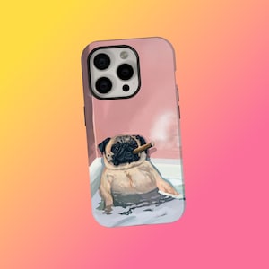 Pug Phone Case, Dog Phone Case, Funny Smoking Dog in Bathtub Art Design, Quirky Aesthetic Protective Cover For iPhone 17 16 15 14 13 12 11 Pro Max, Samsung S25 S24 Ultra