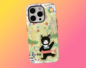 Whimsical Black Cat Phone Case, Hand Drawn Illustration Cover, Playful Art Summer Aesthetic Case, iPhone 17 16 15 14 13 12 11, Samsung S25