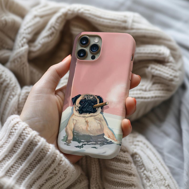 May include: Pink phone case featuring a pug dog with a cigar. The pug is depicted in a pool of water. The case has a smooth finish and a raised edge to protect the phone's screen and camera.