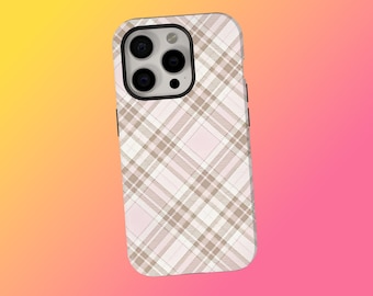 Autumn Fall Plaid Tartan Checkered Case, Beige Plaid Phone Case, Preppy Aesthetic Neutral Gingham Case, iPhone 17 16 15 14 13 12, Samsung