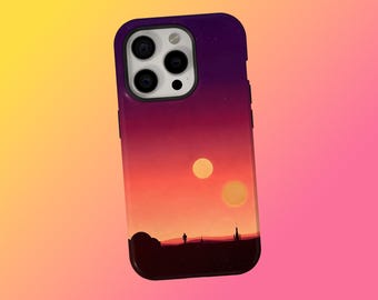 May include: A phone case featuring a sunset scene with two suns, a silhouetted figure, and buildings. The case has a gradient of purple to orange, with a black border and camera cutouts.