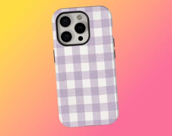 May include: A smartphone case with a purple and white gingham pattern. The case has a black border and covers the back and sides of the phone. The phone's camera lenses are visible.