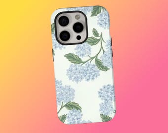 Funda para teléfono con estampado floral de hortensias azules, funda suave con diseño botánico de jardín de flores en tonos pastel, para iPhone 18 17 16 15 14 13 12 Pro Max y Samsung S25.