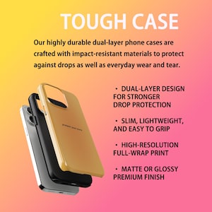 May include: Three phone cases in silver, black, and gold are displayed against a gradient background. The text "TOUGH CASE" is at the top, with descriptions of the cases' features, including dual-layer design, slimness, and high-resolution print.