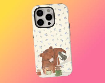 Funda para teléfono Cozy Bear Coffee, cubierta estética con flores, lindo animal dibujado a mano para iPhone 18 17 16 15 14 13 12 Pro Max, Samsung Galaxy S26 S25 S24