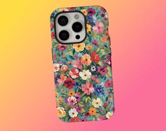 May include: A floral phone case featuring a vibrant pattern of colorful flowers in shades of red, pink, yellow, and blue against a teal background. The case has a glossy finish and a camera cutout.
