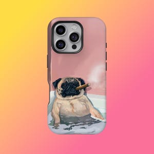 May include: A phone case featuring a pug relaxing in a bathtub, holding a cigar. The pug is tan and black, with a relaxed expression. The background is a light pink, with a gradient of yellow and pink.