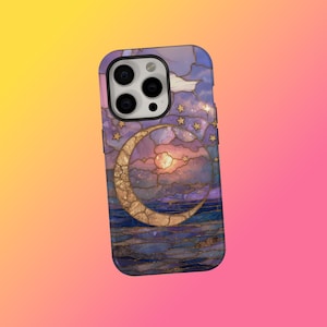 May include: A phone case with a stained-glass design featuring a crescent moon, stars, and clouds over a body of water. The case has a purple, blue, and gold colour scheme. The phone case is designed to fit a smartphone.