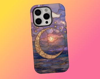 Celestial Stained Glass Moon Sun Pixel Case, Stained Glass Phone Case, Mystic Stars & Ocean Cover, iPhone 17 16 15 14 13 12 11, Samsung S25