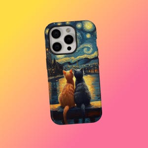 May include: A phone case with an artistic design depicting two cats, one ginger and one black, observing a starry night. The artwork is in the style of a famous painting, using a dark blue and yellow colour scheme.