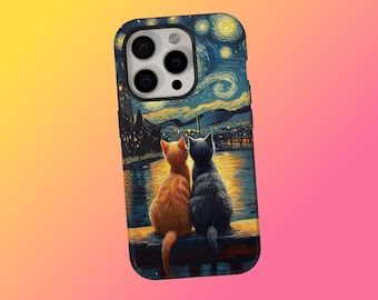 Van Gogh Starry Night Cat Couple Phone Case, Romantic Oil Painting Aesthetic Cover for iPhone 17 16 15 14 13 12 11 Pro Max, Samsung S25 S24