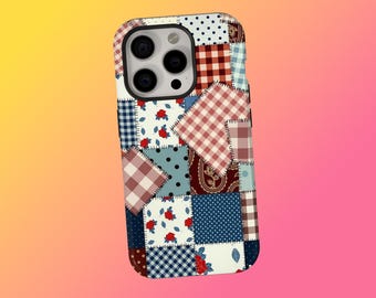 Vintage Plaid Patchwork Collage Phone Case: Quilted Style, Cottagecore Floral Plaid Cover, iPhone 17 16 15 14 13 12 11, Samsung S25 S24