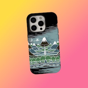 May include: Black iPhone case with a landscape design featuring a mountain with a snow-capped peak, a waterfall, and a forest. The case has a black border and a colorful background with shades of blue, green, and brown.