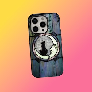 Stained Glass Black Cat Moon Phone Case, Gothic Vintage Witchy Aesthetic Cover, Celestial Art Protective Case, IPhone 17 16 15 14 13, Samsung S25