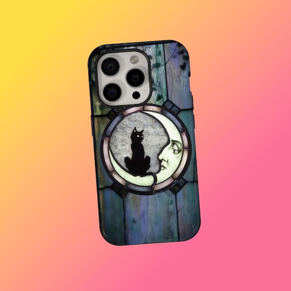 Stained Glass Black Cat Moon Phone Case, Gothic Vintage Witchy Aesthetic Cover, Art Protective Case, IPhone 17 16 15 14 13, Samsung S25 S24