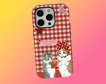 Cute strawberry Cat Magnetic Tough Cases, Funny cat phone case, Adorable Phone Case for Cat Lovers, iPhone 17 16 15 14 13 12 11, Samsung S25