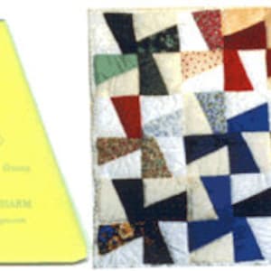 May include: A quilt block pattern with a windmill charm template. The template is yellow and has the words "Windmill Charm" printed on it. The quilt block is made of various colored fabric squares, including red, blue, green, brown, and white.