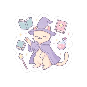 Magical Cat Kiss-Cut Stickers, Cute Witch Cat Decor, Laptop Sticker, Cat Lover Gift, Whimsical Stickers for Kids