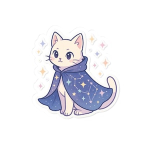 Anime Style Pastel Cat with Stars Kiss-Cut Stickers, Cute Kawaii Decals, Scrapbooking Supplies, Planner Accessories, Laptop Decals