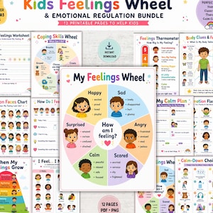 Può includere: Un pacchetto digitale di 12 pagine stampabili intitolato Kids Feelings Wheel and Emotional Regulation Bundle. La collezione include fogli di lavoro, grafici e flashcard con illustrazioni colorate di bambini e testo per aiutare a identificare le emozioni.
