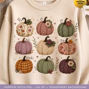 PNG-Datei mit Kürbis-Imitat (Stickerei), Häkel-Patchwork-Herbstkürbisse, kokette Herbst-Sublimationsstickerei, Boho-Blumen-Kürbis-Shirt-PNG-Datei