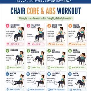 May include: A digital workout chart titled CHAIR CORE & ABS WORKOUT featuring 12 illustrated exercises for seated strength and mobility. Each numbered box includes a figure performing a movement with text instructions and repetition counts.