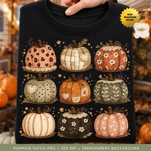 Calabaza de imitación bordada PNG, 9 calabazas de patchwork de otoño, sublimación de otoño coqueta, diseño de calabaza de ganchillo, camisa de otoño preppy PNG