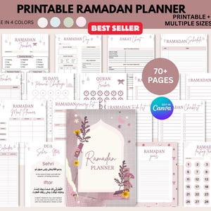 May include: A printable Ramadan planner with multiple pages, available in four colors. The planner includes sections for tracking charity, meals, goals, and a calendar. The design features floral and moon graphics, with the text "Ramadan Planner" prominently displayed.
