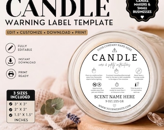 May include: A candle warning label template with the word "CANDLE" in large, bold letters. The label includes safety instructions, scent name, and website information. It is fully editable, instantly downloadable, and print-ready. Includes 3 sizes: 3" x 3", 2" x 2", and 1.5" x 1.5".