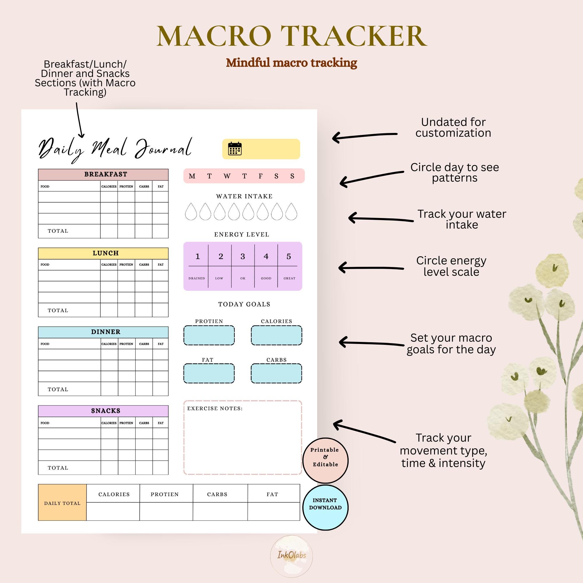 Daily Food Journal | Printable Food Log | Calorie and Macro Tracker ...