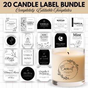Op de afbeelding: Een verzameling van 20 kaarsenlabel sjablonen met diverse ontwerpen en teksten, waaronder "Vanille", "Lavendel" en "Kokosnoot". De labels zijn in zwart en wit, met bloemen en botanische illustraties. Een brandende kaars met een "Kokosnoot" label staat op de voorgrond.