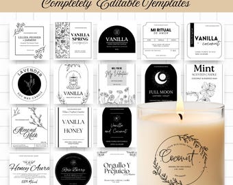 May include: A collection of 20 candle label templates with various designs and text, including "Vanilla," "Lavender," and "Coconut." The labels are in black and white, with floral and botanical illustrations. A lit candle with a "Coconut" label is in the foreground.