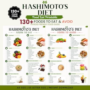 May include: A printable Hashimoto's Diet food list guide featuring two columns titled Foods to Eat and Foods to Avoid. The document includes categorised lists of vegetables, fruits, proteins, grains, dairy, and beverages with illustrations of food items and text labels for A4 and US Letter sizes.