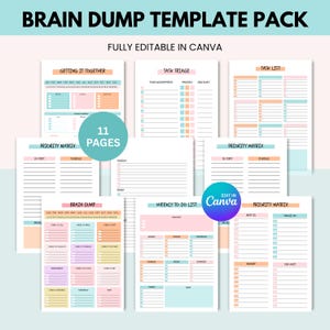 May include: A set of 11-page printable planner templates in pastel colours. The templates include task lists, priority matrices, and weekly to-do lists. The text "Brain Dump Template Pack" and "Fully Editable in Canva" are visible.