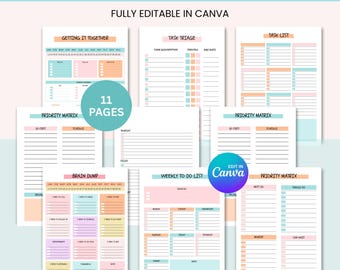 May include: A collection of 11-page printable planner templates with pastel color blocks. The templates include task lists, priority matrices, and weekly to-do lists. The text "Brain Dump Template Pack" and "Fully Editable in Canva" are visible.