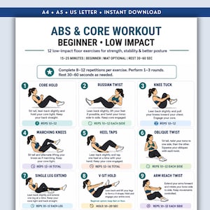 Beginner Abs & Core Workout Printable, 12 Low Impact Floor Exercise, No Equipment Home Workout, Core Exercise Chart, Home Fitness poster PDF