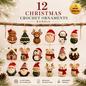Könnte beinhalten: Eine Sammlung von 12 gehäkelten Weihnachtsornamenten mit verschiedenen Figuren wie Weihnachtsmann, Rentieren, Schneemännern, Gnomen und Tieren. Der Text lautet 12 CHRISTMAS CROCHET ORNAMENTS BUNDLE und INSTANT DOWNLOAD. Die Ornamente hängen an einem Ast.