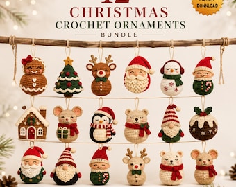 May include: A collection of 12 Christmas crochet ornaments featuring various characters including Santa, reindeer, snowmen, gnomes, and animals. The text reads 12 CHRISTMAS CROCHET ORNAMENTS BUNDLE and INSTANT DOWNLOAD. The ornaments are hung on a wooden branch.