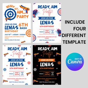 Plantilla de invitación de cumpleaños de Nerf para niños, invitaciones para fiesta de cumpleaños de Nerf, invitaciones de cumpleaños, plantilla de invitación para fiesta infantil, Canva editable