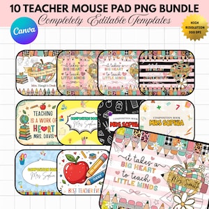 May include: A bundle of ten teacher-themed mouse pads with various designs. The pads feature apple, pencil, and composition book graphics, with text like "Teaching is a work of heart" and "Best Teacher Ever." The image includes the text "10 Teacher Mouse Pad PNG Bundle."