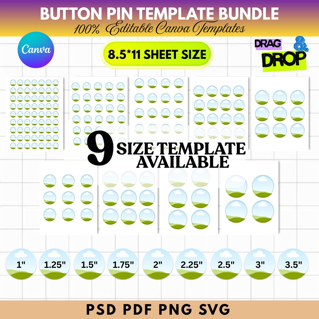 9x Button Pin Template Bundle Editable in Canva | Sublimation Badge ...